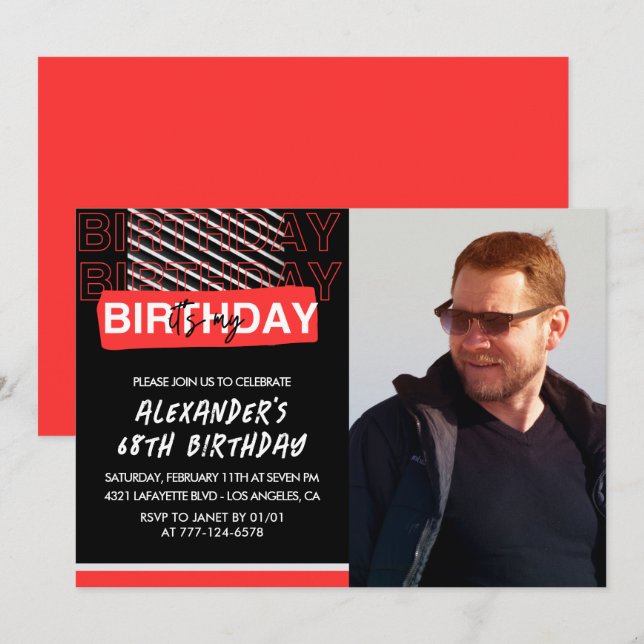  Black Red Photo 68th birthday invitations Men  (Front/Back)