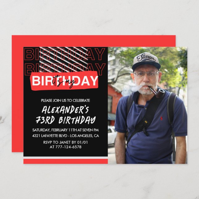  Black Red Photo 73rd birthday invitations Men  (Front/Back)