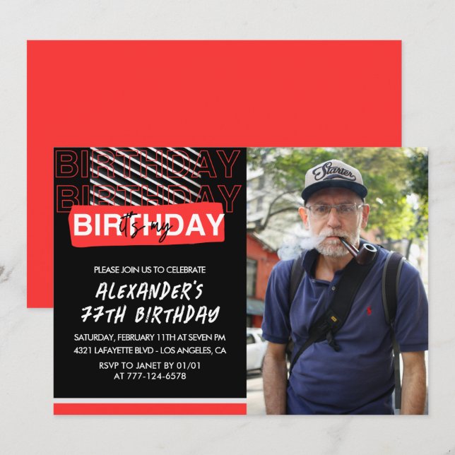  Black Red Photo 77th birthday invitations Men  (Front/Back)
