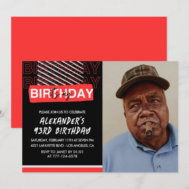  Black Red Photo 93rd birthday invitations Men  (Front/Back)