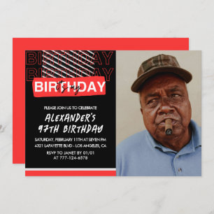 Black Red Photo 97th birthday invitations Men