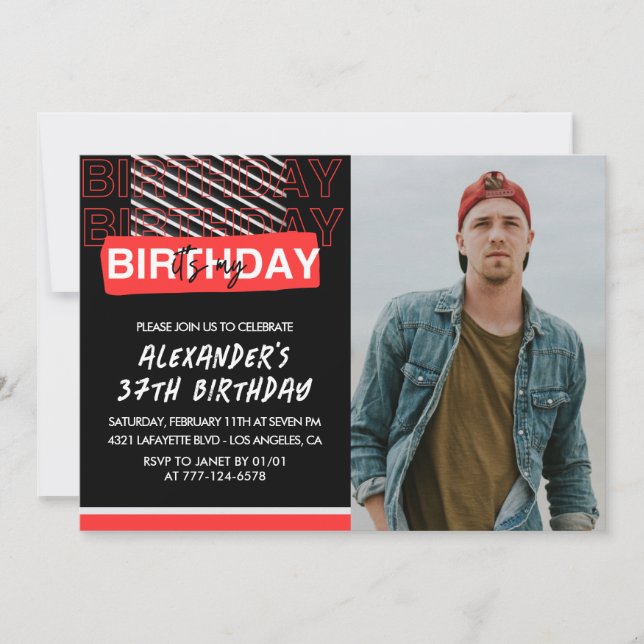  Black Red Photo Men 37th birthday invitations  (Front)