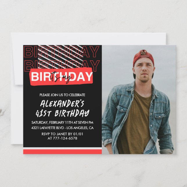  Black Red Photo Men 41st birthday invitations  (Front)