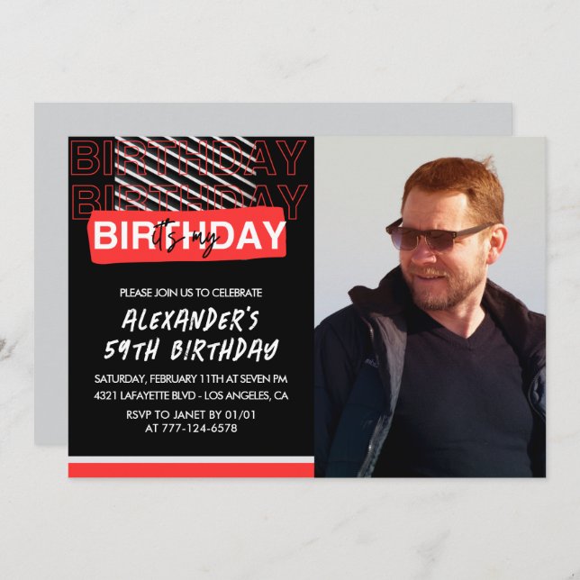  Black Red Photo Men 59th birthday invitations  (Front/Back)