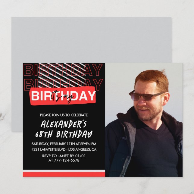  Black Red Photo Men 68th birthday invitations  (Front/Back)