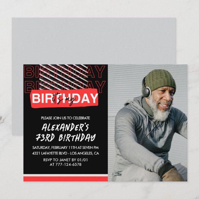  Black Red Photo Men 73rd birthday invitations  (Front/Back)