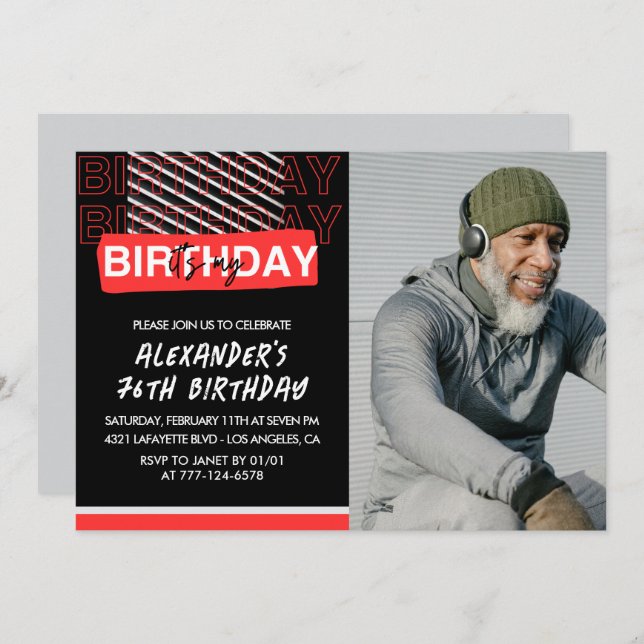  Black Red Photo Men 76th birthday invitations  (Front/Back)