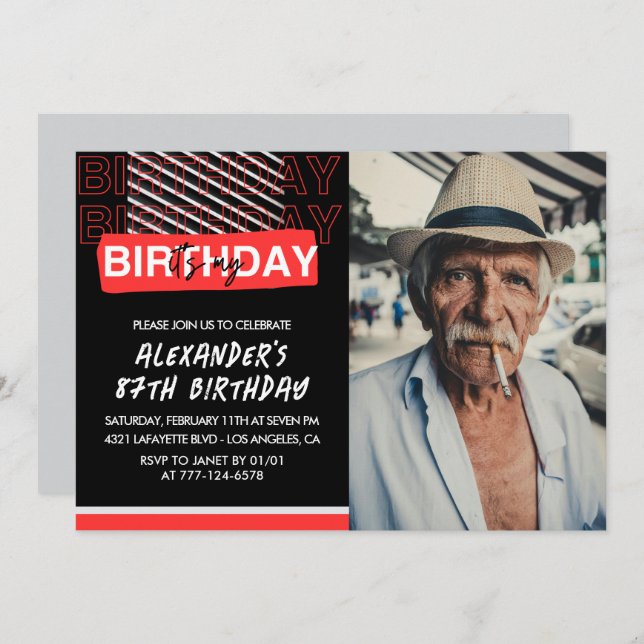  Black Red Photo Men 87th birthday invitations  (Front/Back)