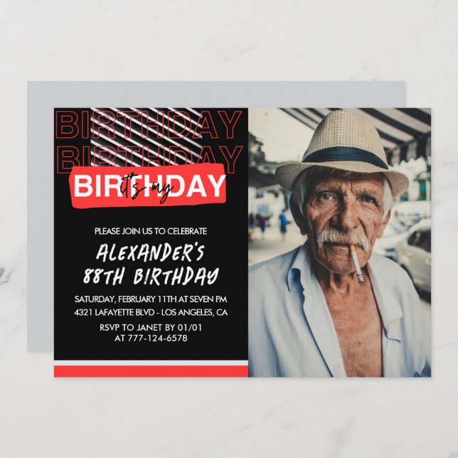 Black Red Photo Men 88th birthday invitations  (Front/Back)