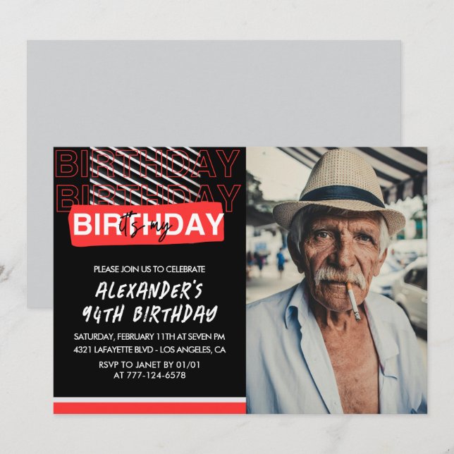  Black Red Photo Men 94th birthday invitations  (Front/Back)