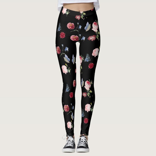 Black Red & pink floral print & blue butterfly Leggings (Front)