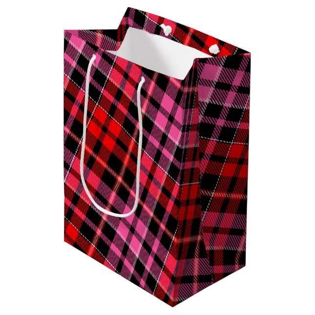Black Red Pink Plaid Tartan Design  Medium Gift Bag (Front Angled)