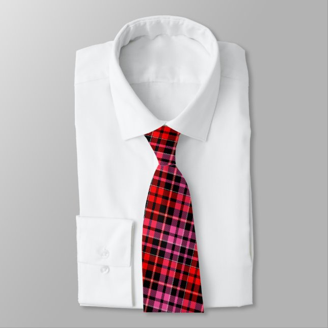 Black Red Pink Plaid Tartan Design  Tie (Tied)