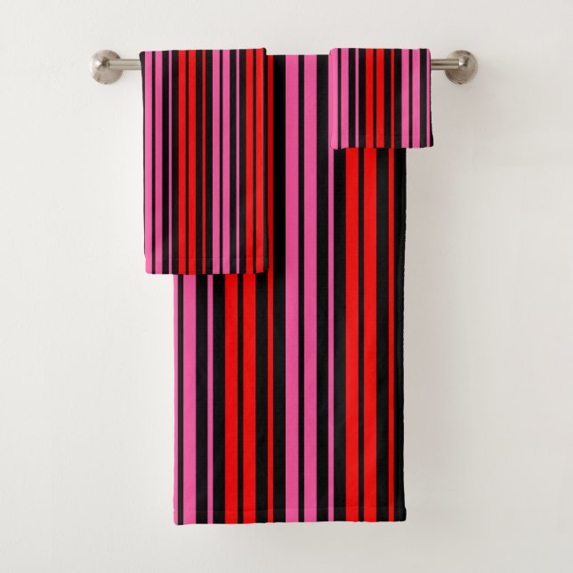Black Red Pink Vertical Stripes Design Classic  Bath Towel Set (Insitu)