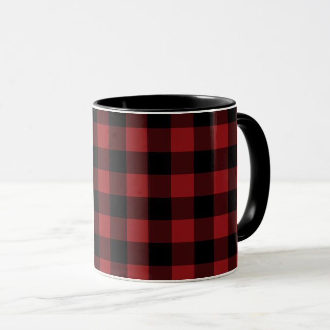 Black Red Plaid Checked Coffee Mug - Modern (Front Right)