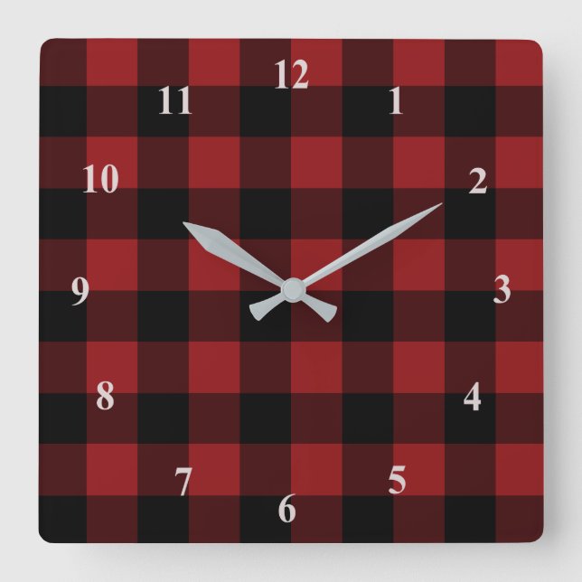 Black & Red Plaid Checked - Modern Square Wall Clock (Front)