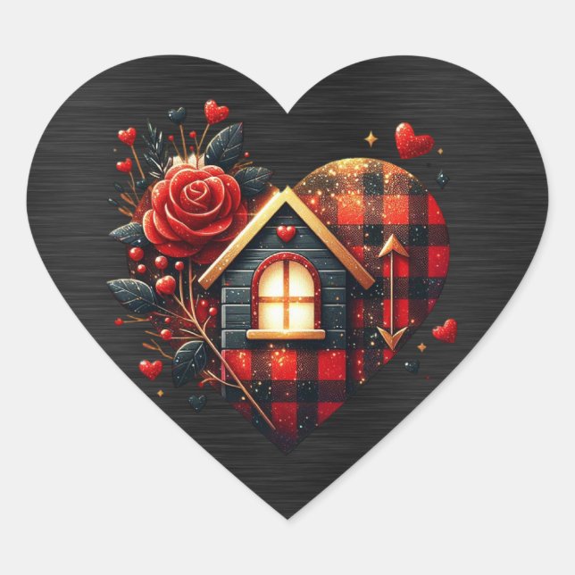  Black Red Plaid Valentine Heart Sticker (Front)