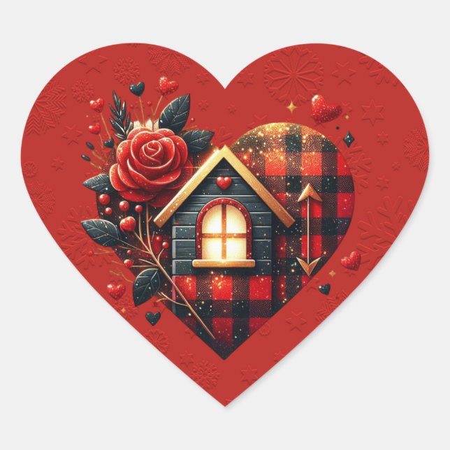  Black Red Plaid Valentine Heart Sticker (Front)
