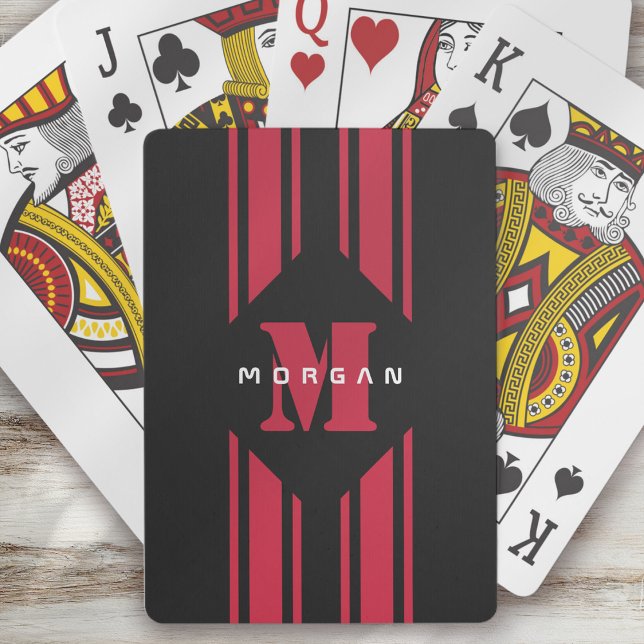 Black Red Racing Car Stripe Monogram Playing Cards (Creator Uploaded)