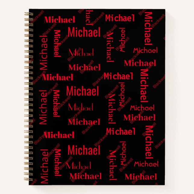 Black & Red Repeating First & Last Name Class Note Notebook (Front)