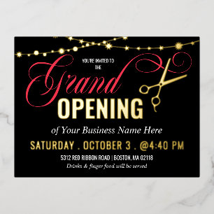 Black Red Ribbon Cutting Grand Opening Gold Foil Invitation Postcard
