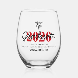 Black Red RN Nursing School Class Graduation Stemless Wine Glass