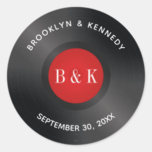 Black Red Rock And Roll Monogram Name Vinyl Record Classic Round Sticker