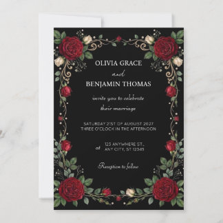 Black Red Rose Border Wedding Invitation