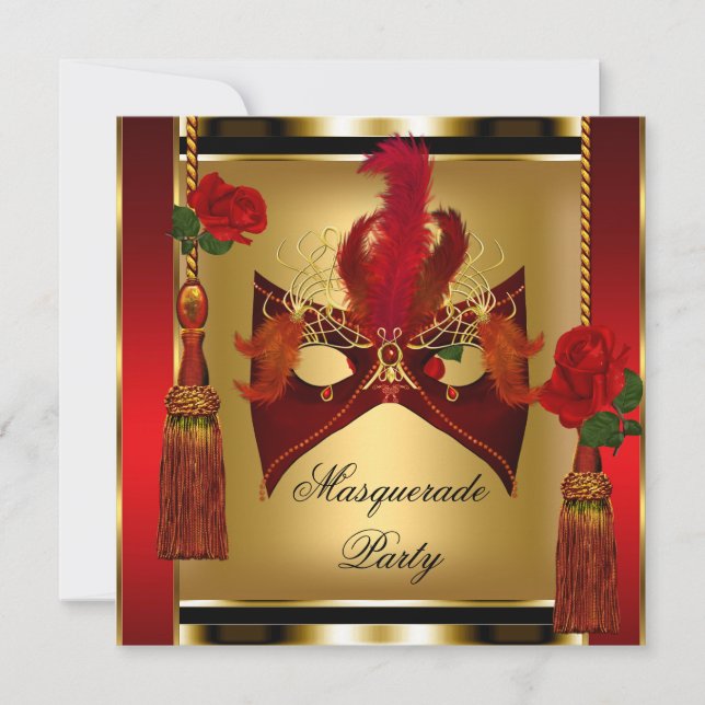 Black Red Rose Gold Masquerade Party Mask Invitation (Front)