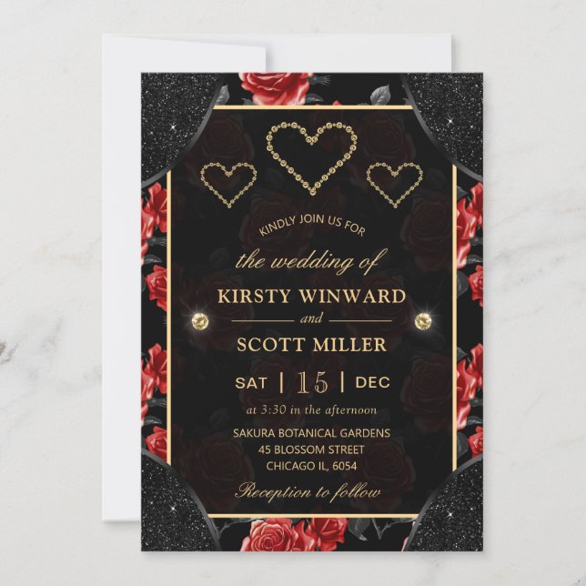 Black & Red Rose Pattern & Gold Diamonds Wedding Invitation (Front)