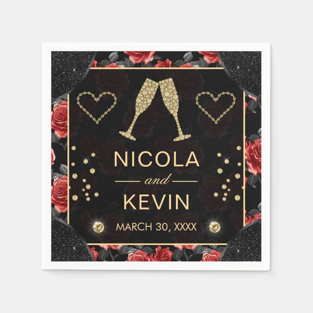 Black & Red Rose Pattern & Gold Diamonds Wedding Napkin (Front)