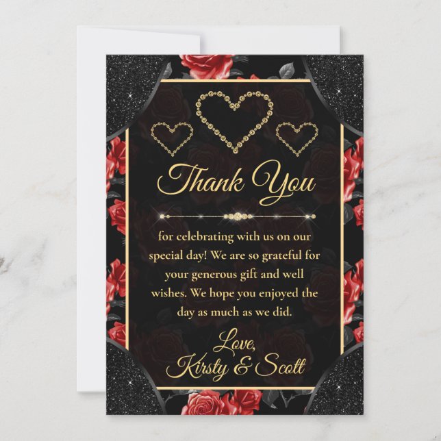Black & Red Rose Pattern & Gold Diamonds Wedding Thank You Card (Front)