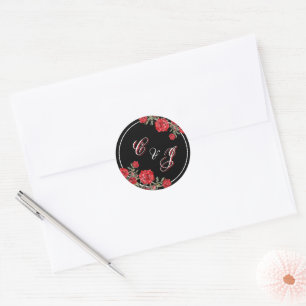 Black Red Rose Watercolor Floral Wedding Classic Round Sticker