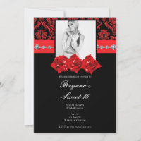 Black Red Roses Damask Sweet 16 Photo Invitation