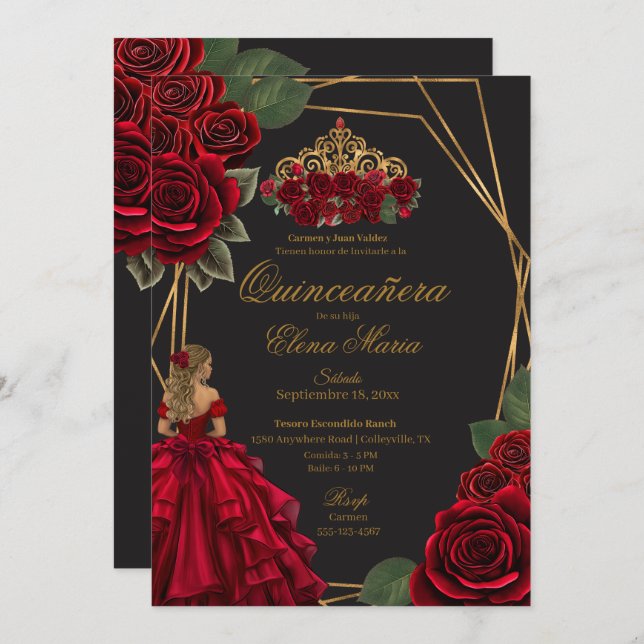 Black Red Roses Gold Princess Quinceañera  Invitation (Front/Back)