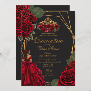 Black Red Roses Gold Princess Quinceañera  Invitation