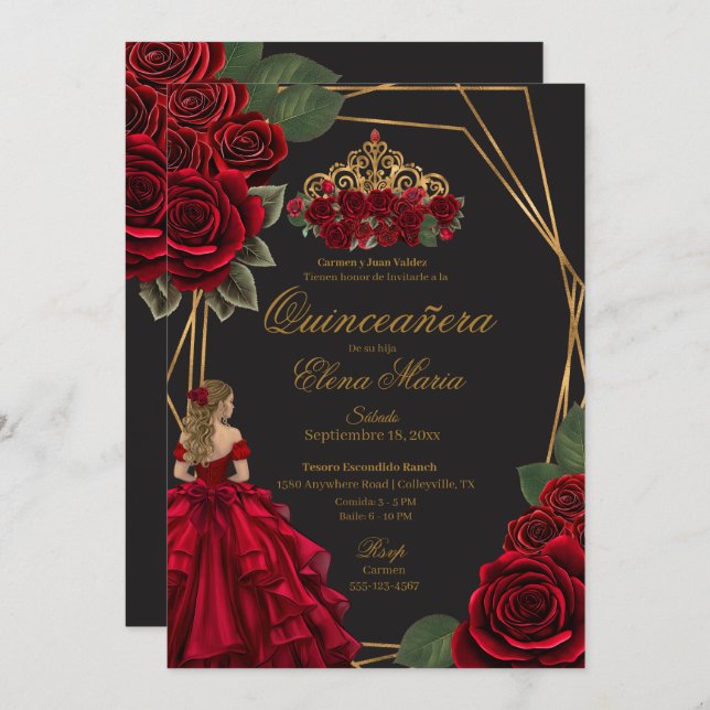 Black Red Roses Gold Princess Quinceañera  Invitation (Front/Back)
