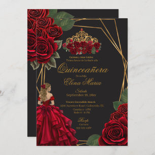 Black Red Roses Gold Princess Quinceañera  Invitation