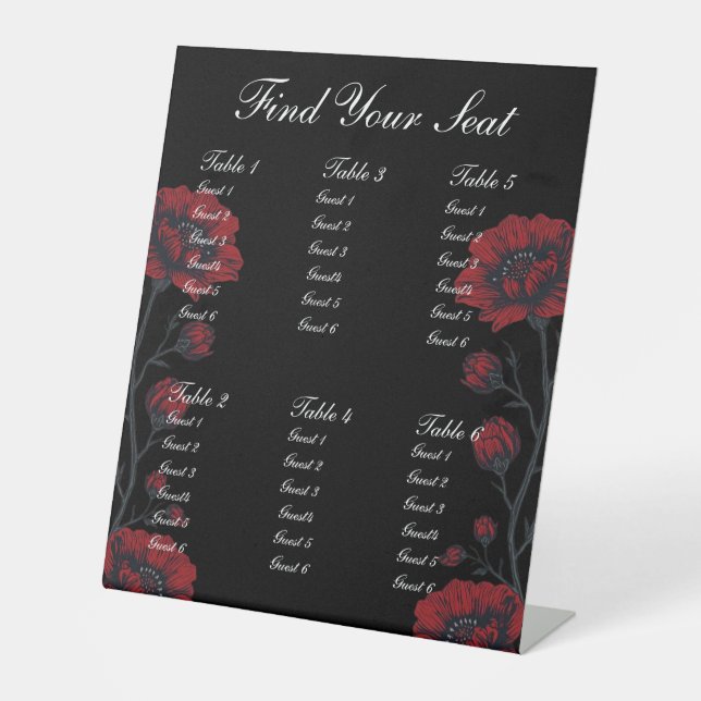 Black & Red Roses Gothic Wedding Seating Chart Pedestal Sign (Front)