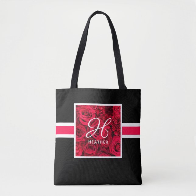 Black Red Roses Monogram Tote Bag (Front)
