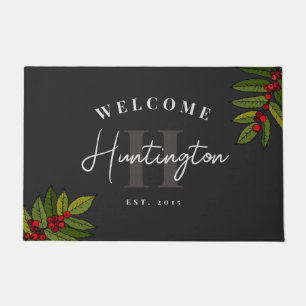 Black Red Rowan Berries Welcome Monogram Doormat
