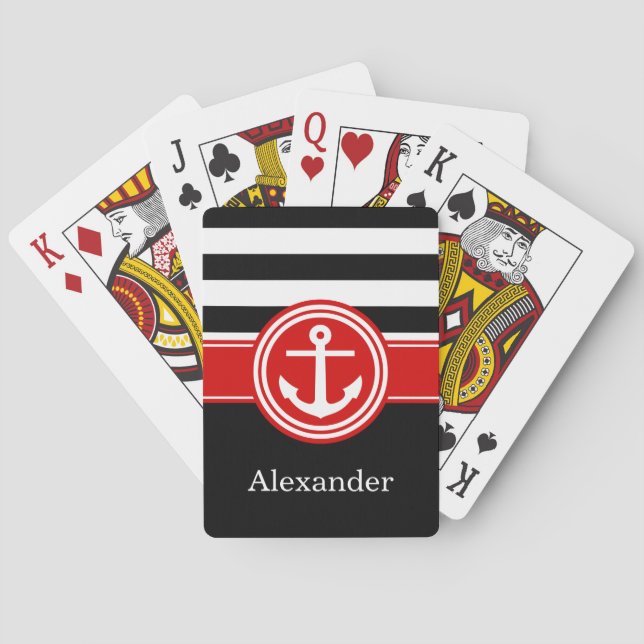 Black Red Rugby Stripe Anchor CB Monogram Playing Cards (Back)