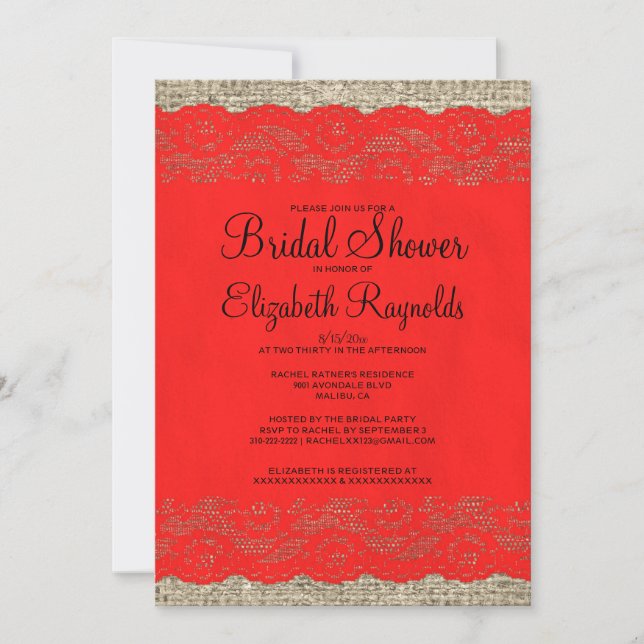 Black & Red Rustic Lace Bridal Shower Invitations (Front)