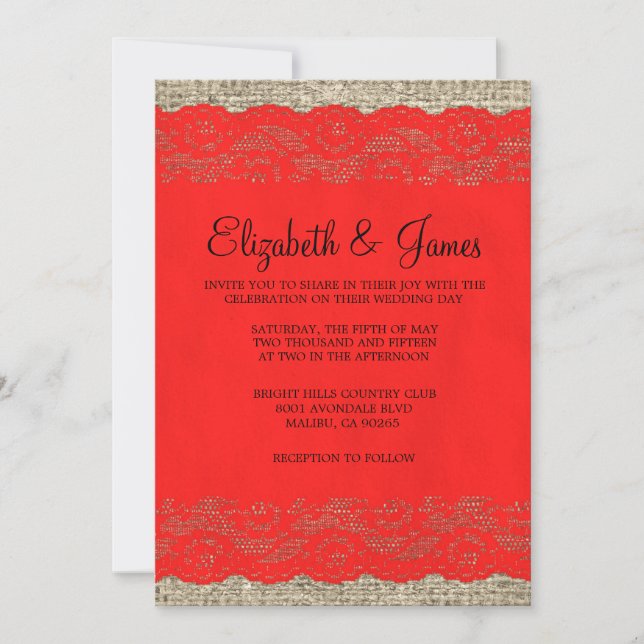 Black & Red Rustic Lace Wedding Invitations (Front)