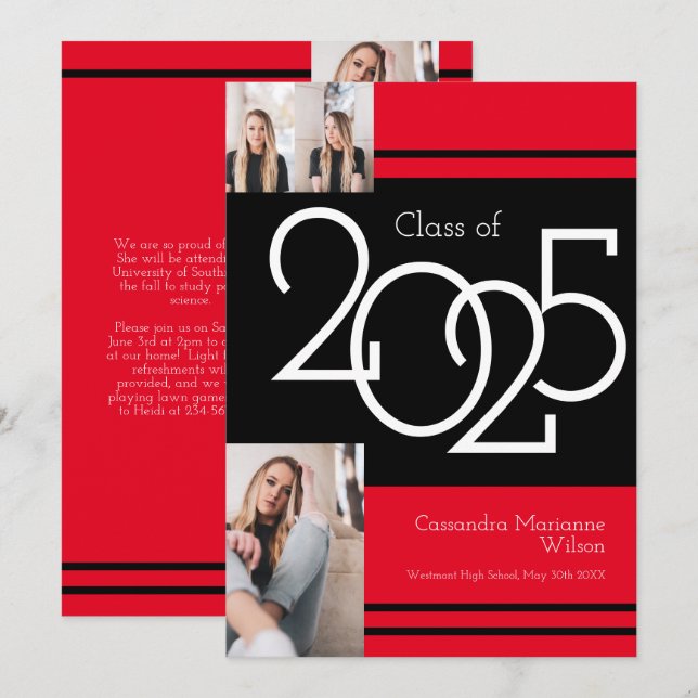 Black Red School Colours Graduation Announcement (Front/Back)