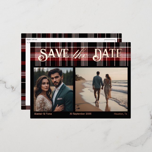 Black & Red Scottish Tartan Save the Date Foil Invitation Postcard (Front/Back)