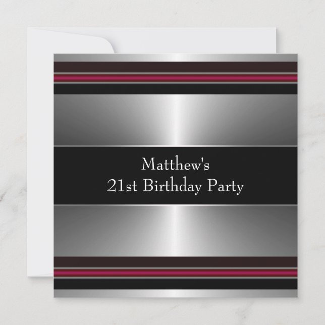 Black Red Silver Mans 21st Birthday Party Invitation (Front)