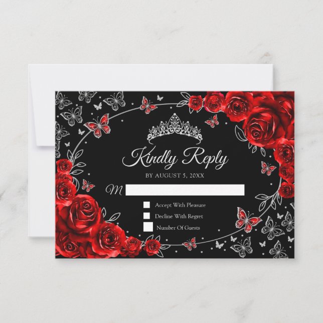 Black Red Silver Quinceanera Reply RSVP Card (Front)