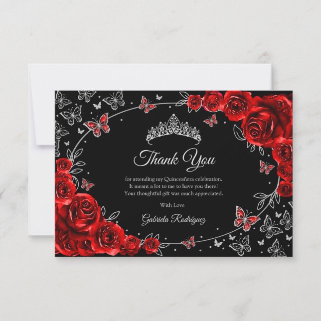 Black Red Silver Quinceanera Thank You Card (Front)
