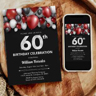 Black Red Silver & White 60th Birthday Invitation